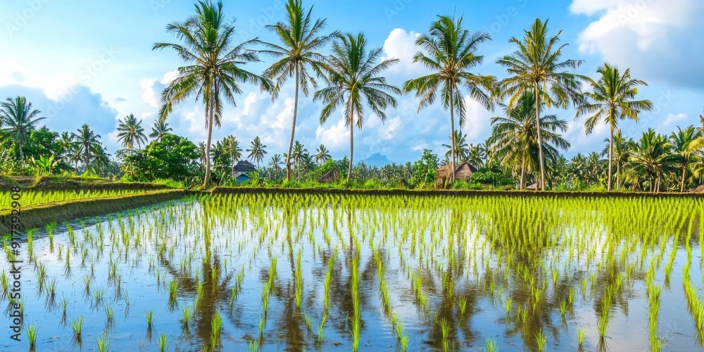 Obraz premium Stunning Lombok Landscape with Lush Rice Fields and Coconut Trees, Embracing the Youthful Essence of Indonesia's Agricultural Heartland