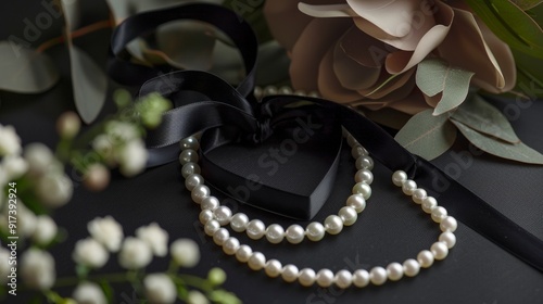 Elegant Symbolism: The Beauty of a Black Ribbon Heart Paired with a Classic Pearl Necklace photo