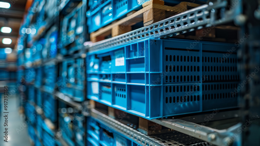 Blue crates on organized shelves in an industrial warehouse Blue crates on organized shelves in an industrial warehouse