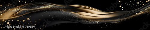 A luxurious black and gold abstract design with flowing lines and shimmering particles, evoking elegance and sophistication,background