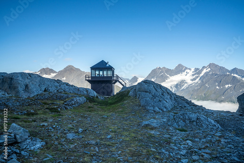 Small hut near Beautiful glacier landscape in Alaska, USA
