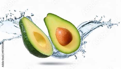 avocado with a moving splash of water isolated on white background