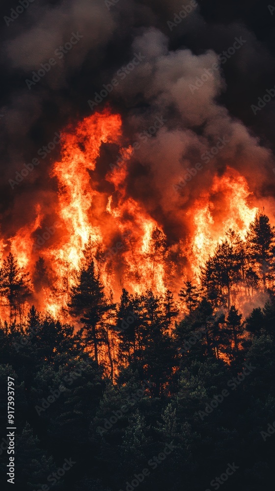 Forest fire with large flames and dark Forest fire with large flames and dark