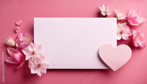 white blank greeting card on the pink background with flowers love letter