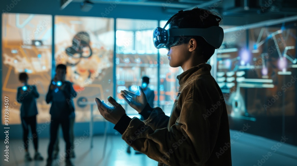 A young person is fully immersed in a virtual reality experience, surrounded by futuristic holograms and technology in a dedicated VR setting. A young person is fully immersed in a virtual reality experience, surrounded by futuristic holograms and technology in a dedicated VR setting.