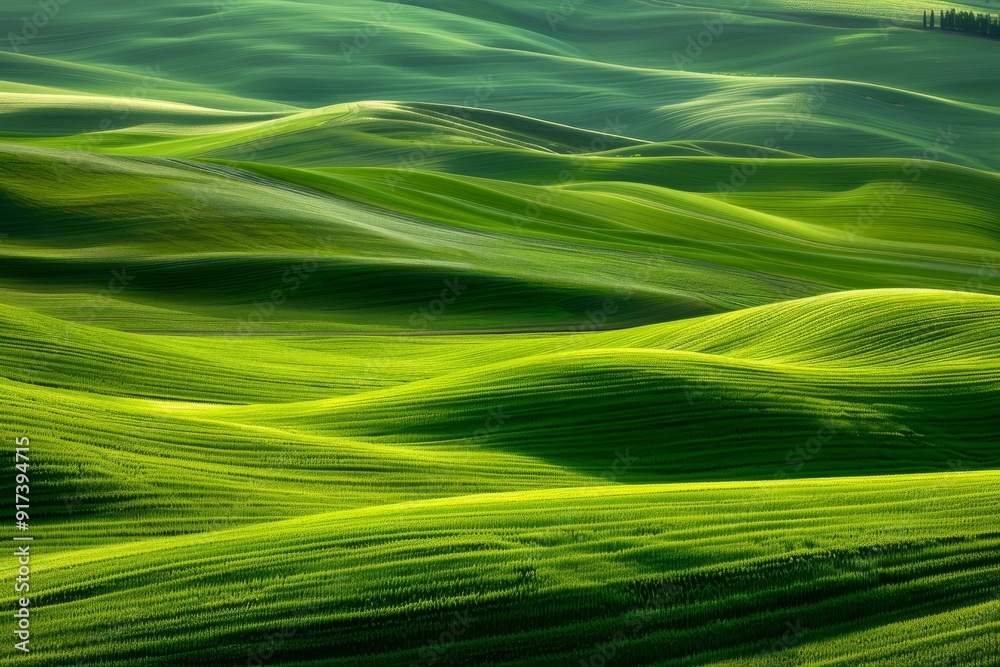 A bird's-eye view of the Palouse, with rolling green hills and golden wheat fields stretching to the horizon. Beautiful simple AI generated image in 4K, unique.