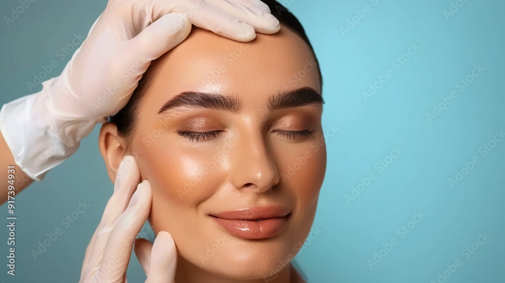 Close up of beautiful young woman model's face examined by doctor hands in latex gloves on blue background,concept of plastic surgery massage,spa, laser surgery,minimal medical dermatological check Close up of beautiful young woman model's face examined by doctor hands in latex gloves on blue background,concept of plastic surgery massage,spa, laser surgery,minimal medical dermatological check