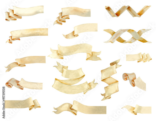 Set of paper beige ribbon banners and ornament elements for decorative text. Watercolor illustration of a vintage scroll, manuscript. Rolled paper templates in pastel beige and brown colors