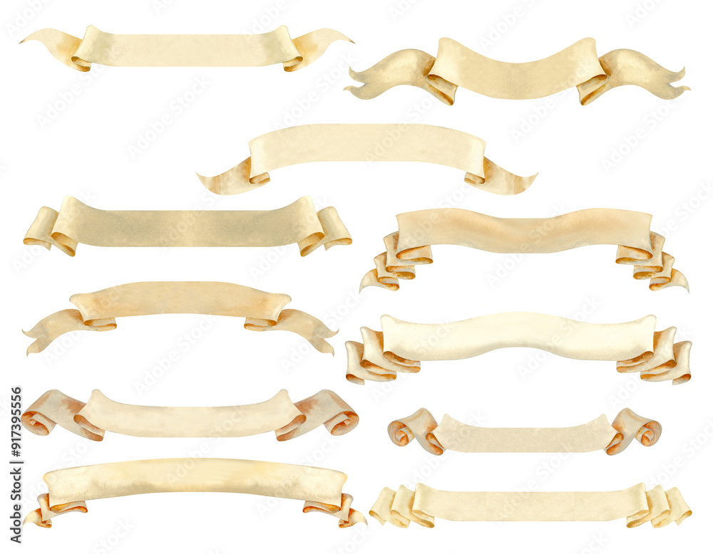 Set of beige ribbon banner elements for super length texts or logo. Watercolor illustration of a vintage scroll, manuscript. Rolled paper banner templates in pastel beige and brown colors Set of beige ribbon banner elements for super length texts or logo. Watercolor illustration of a vintage scroll, manuscript. Rolled paper banner templates in pastel beige and brown colors