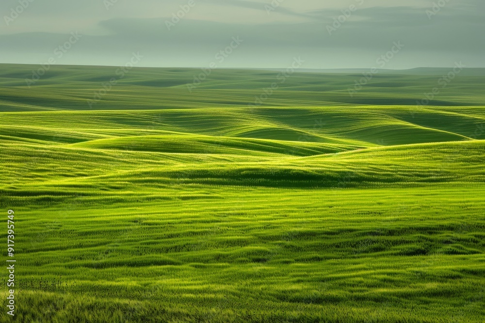 Obraz premium A bird's-eye view of the Palouse, with rolling green hills and golden wheat fields stretching to the horizon. Beautiful simple AI generated image in 4K, unique.