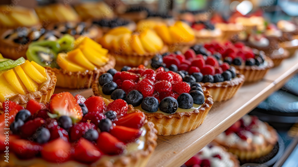Assorted fruit tarts displayed on a wooden tray Assorted fruit tarts displayed on a wooden tray