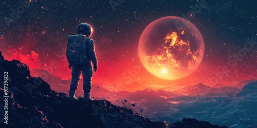 Astronaut Contemplating a Fiery Planet in a Starry Sky