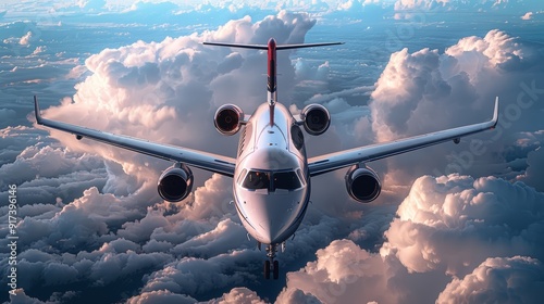 Airplane flying above fluffy clouds during a clear day photo