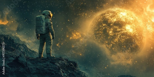 Astronaut Gazing at a Glowing Planet in a Starry Sky