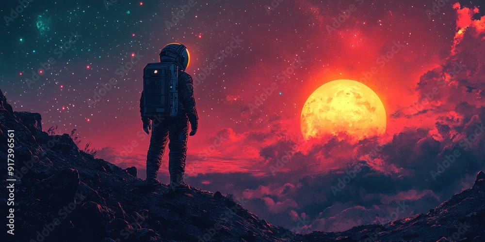 Astronaut Standing on a Mountain with a Red Sky and a Large Yellow Moon