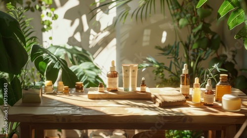 A sunlit table adorned with various eco-friendly skincare products, set against a backdrop of lush greenery, creating a serene, nurturing ambience.