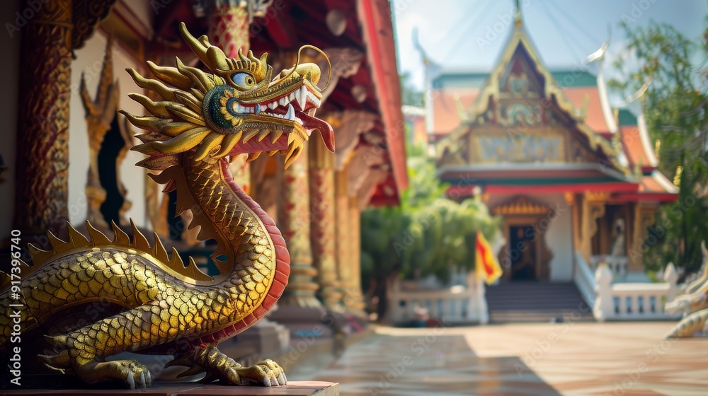 A majestic golden dragon statue stands guard outside an ornate temple, exuding power and tradition amidst the lush greenery. A majestic golden dragon statue stands guard outside an ornate temple, exuding power and tradition amidst the lush greenery.