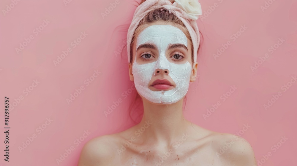A person wearing a face mask and a towel headband stands against a pink background, projecting a moment of self-care and relaxation. A person wearing a face mask and a towel headband stands against a pink background, projecting a moment of self-care and relaxation.