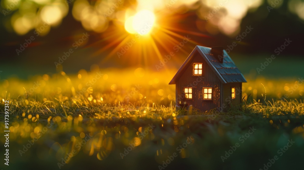 A miniature house with glowing windows stands in a dewy field at sunset, evoking warmth, dreams, and childhood nostalgia. A miniature house with glowing windows stands in a dewy field at sunset, evoking warmth, dreams, and childhood nostalgia.