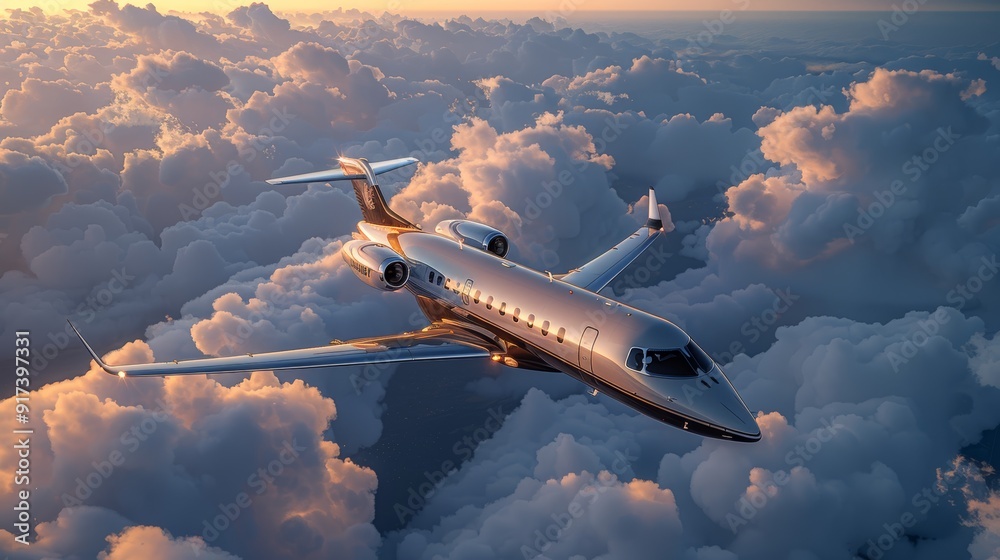 Fototapeta premium Private jet flying above fluffy clouds during sunset