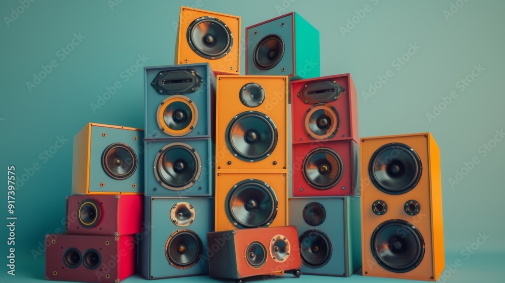 © VK Studio - A vibrant and eclectic stack of colorful speakers creates an eye-catching display against a muted background, merging modern technology with retro flair. © VK Studio - A vibrant and eclectic stack of colorful speakers creates an eye-catching display against a muted background, merging modern technology with retro flair.