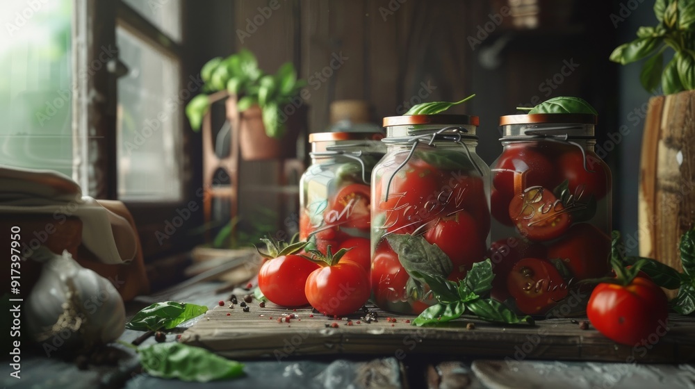 A cozy, sunlit kitchen table adorned with jars of preserved tomatoes, fresh produce, and leafy herbs, exuding a rustic charm and homemade warmth. A cozy, sunlit kitchen table adorned with jars of preserved tomatoes, fresh produce, and leafy herbs, exuding a rustic charm and homemade warmth.