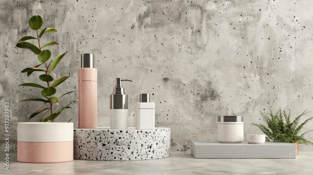 Cosmetic products displayed on stone podium background with mockup pedestal. Cosmetic products displayed on stone podium background with mockup pedestal.