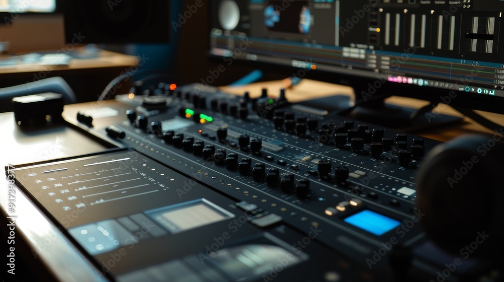 A high-tech music production studio with advanced audio mixing equipment and glowing screens, exuding a creative, professional environment. A high-tech music production studio with advanced audio mixing equipment and glowing screens, exuding a creative, professional environment.