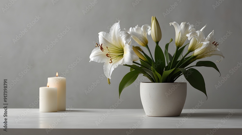 A minimalist setup featuring a white vase with elegant white lilies next to two lit candles on a clean white surface, evoking serenity and simplicity.