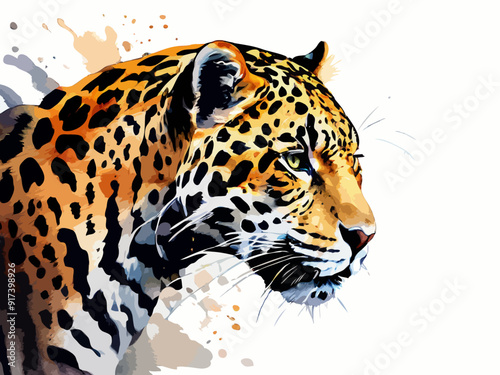 A majestic jaguar in rich golden and black tones prowling through the jungle, simple watercolor illustration isolated on a white background