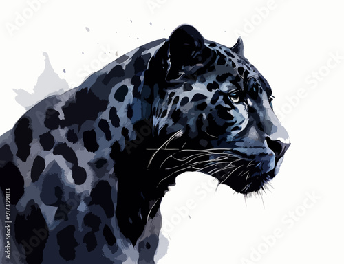 A majestic jaguar in rich golden and black tones prowling through the jungle, simple watercolor illustration isolated on a white background