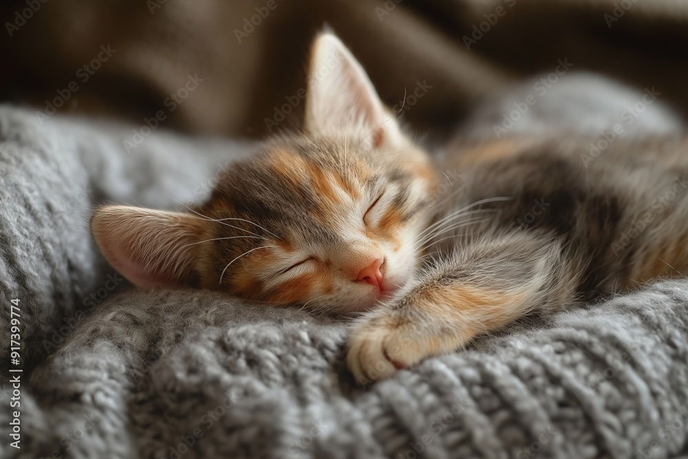 Kitten peacefully sleeping on a cozy gray blanket with warm bokeh lights in the background Kitten peacefully sleeping on a cozy gray blanket with warm bokeh lights in the background