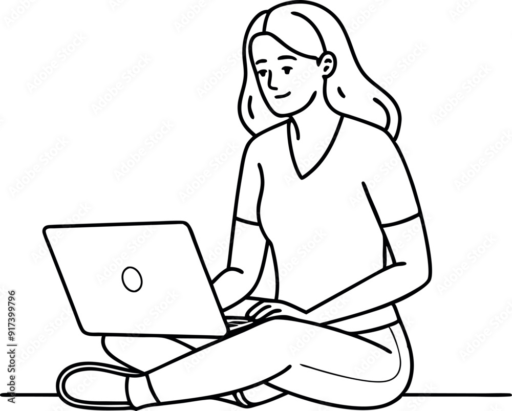 Woman Sitting with Laptop, Working or Studying Illustration Woman Sitting with Laptop, Working or Studying Illustration