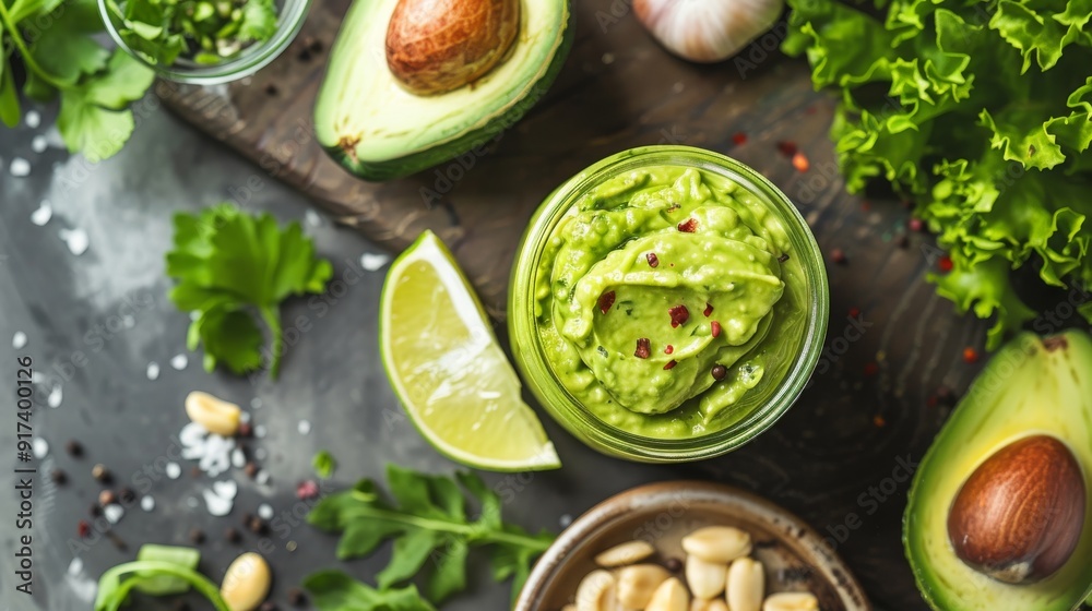A flat lay of fresh, creamy guacamole surrounded by avocados, lime slices, leafy greens, and various fresh ingredients. A flat lay of fresh, creamy guacamole surrounded by avocados, lime slices, leafy greens, and various fresh ingredients.