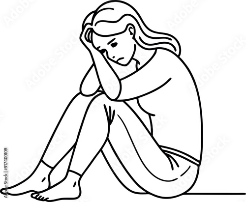 Sad Woman Sitting Alone Depressed Emotional Black and White Illustration