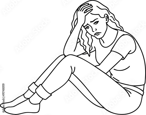 Sad Woman Sitting Alone Holding Head In Hands Line Art Drawing