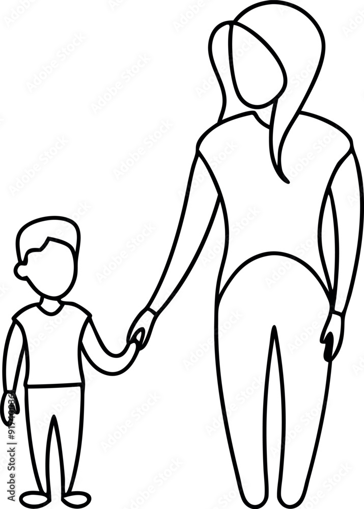 Minimalist Line Drawing of Mother and Child Holding Hands Minimalist Line Drawing of Mother and Child Holding Hands