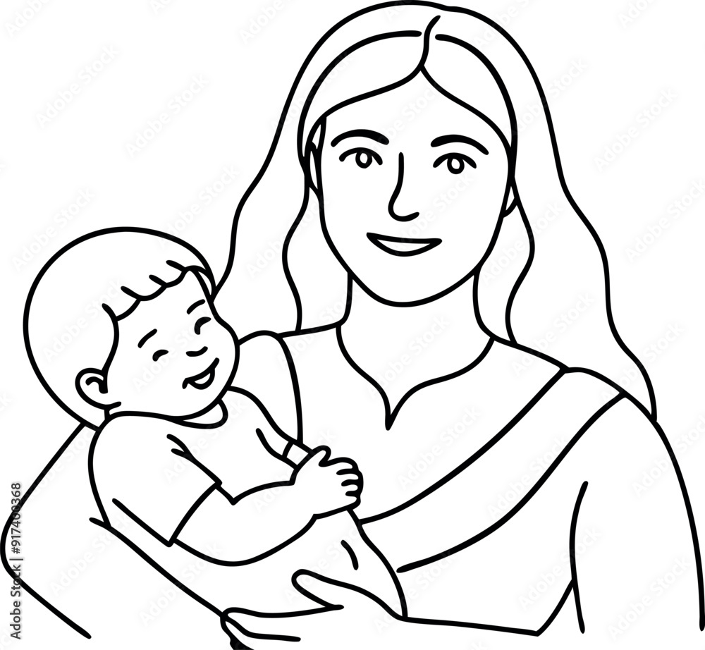 Happy Mother Holding Baby Line Drawing Illustration Happy Mother Holding Baby Line Drawing Illustration