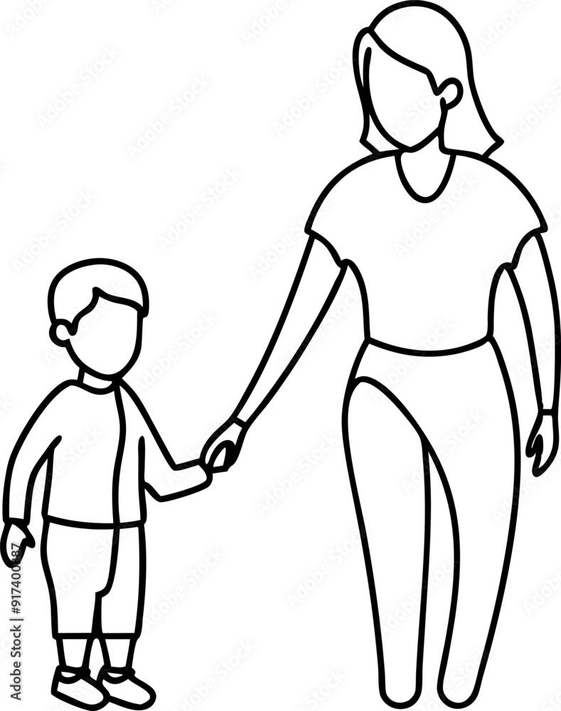 Fototapeta premium Outline Drawing of Mother Holding Child's Hand
