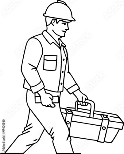 Construction Worker Carrying Toolbox Line Drawing Illustration