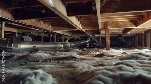 An intricate view of a crawl space with exposed wooden beams, ducts, and foam insulation, creating a sense of complexity and structural depth.