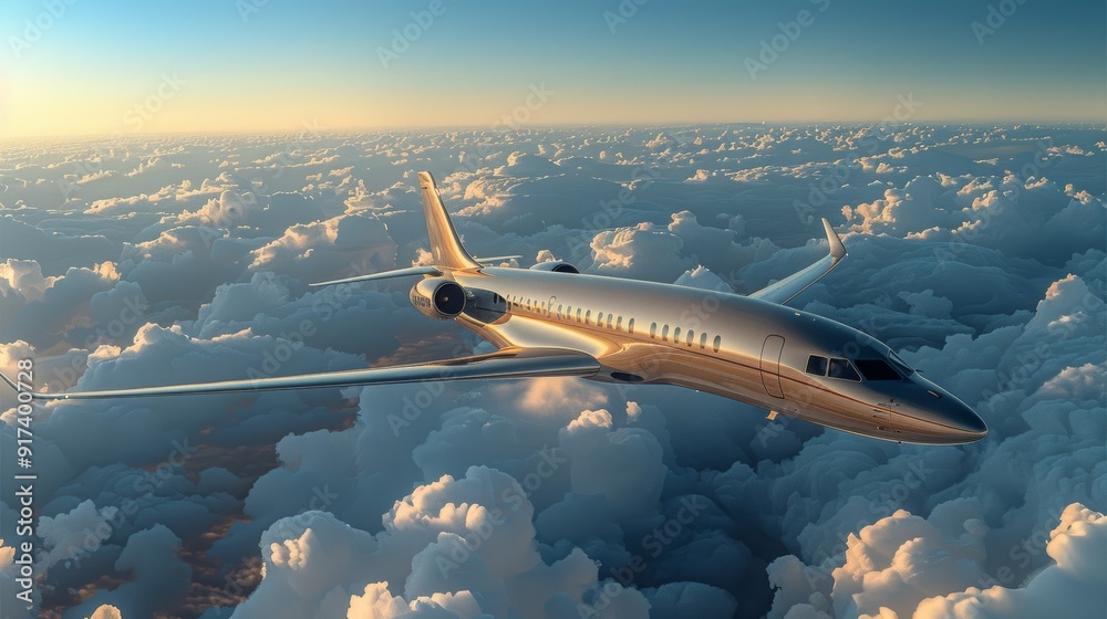 Fototapeta premium Passenger jet soaring above fluffy clouds during sunset