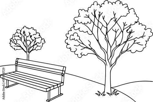 Black And White Park Bench With Trees Illustration