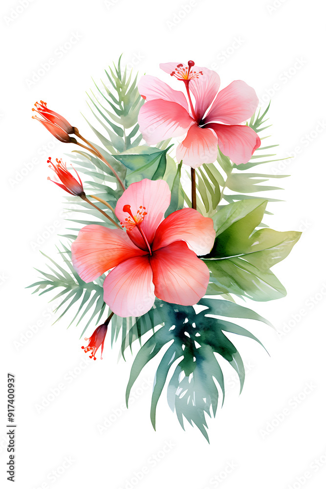 Obraz premium bouquet of tropical flowers, watercolor composition, clipart isolated, card or invitation element
