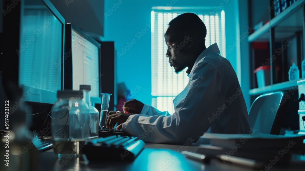 A focused scientist works diligently in a dimly-lit lab, analyzing data on a computer surrounded by research materials. A focused scientist works diligently in a dimly-lit lab, analyzing data on a computer surrounded by research materials.