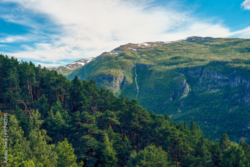 View from the Norwegian Scenic Route of the Aurlandsfjellet Mountains in June.