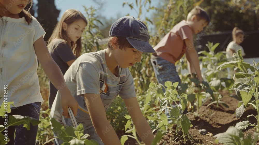 custom made wallpaper toronto digitalA group of children eagerly tends to a garden, diligently working amidst greenery and sunlight, epitomizing learning and vitality.