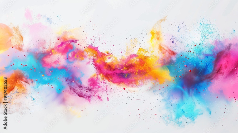Fototapeta premium A vibrant explosion of colorful paint clouds splattered across a white background, capturing dynamic energy and creativity.