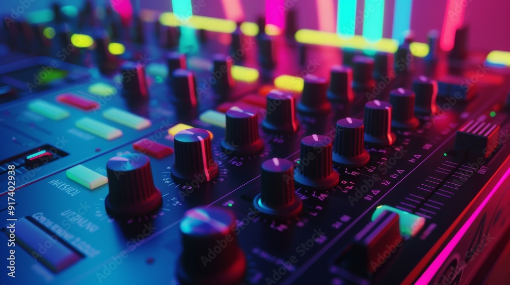 Vivid, neon-lit soundboard with an array of knobs and buttons, capturing the vibrant atmosphere of a lively music event. Vivid, neon-lit soundboard with an array of knobs and buttons, capturing the vibrant atmosphere of a lively music event.