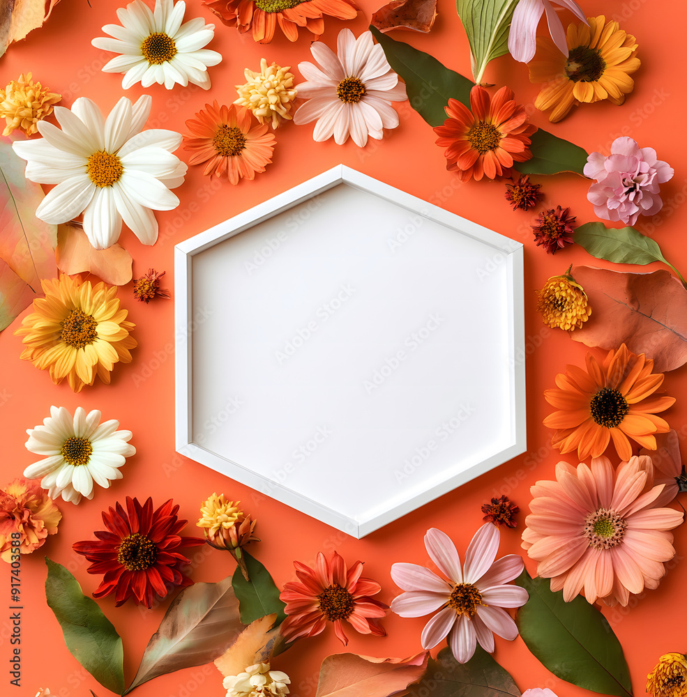 blank botanical Hexagon frame made from rose flowers isolated on an orange background. Wedding or Valentine's Day concept with copy space, floral design for product display design blank botanical Hexagon frame made from rose flowers isolated on an orange background. Wedding or Valentine's Day concept with copy space, floral design for product display design